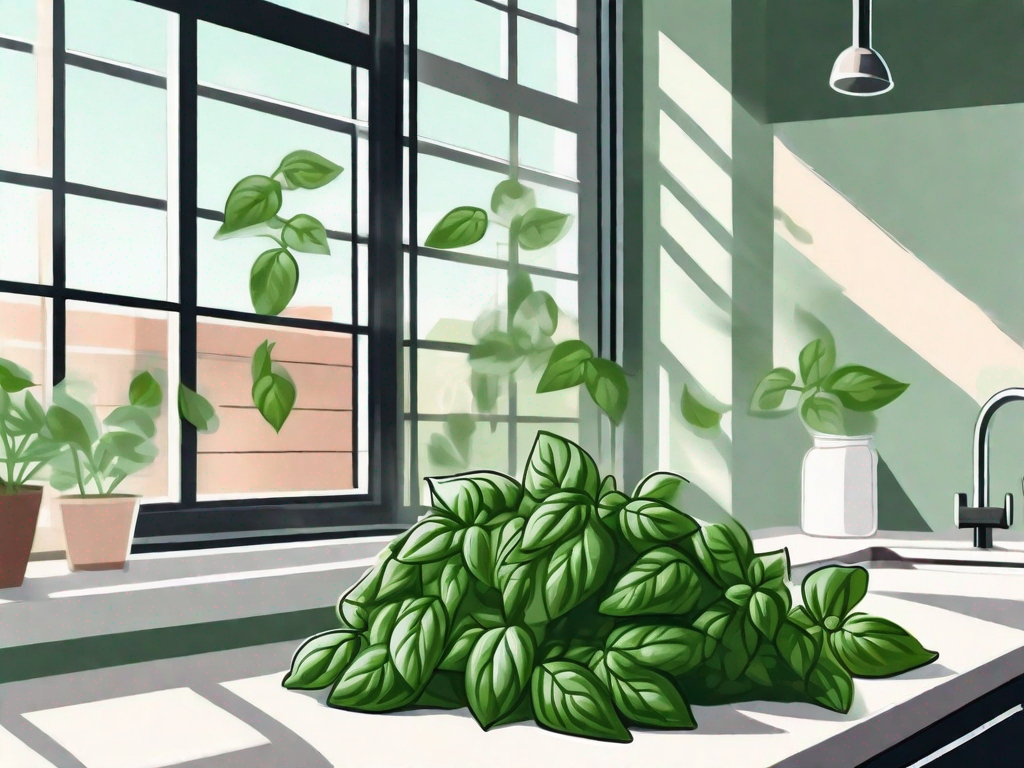 A bunch of fresh basil leaves spread out on a kitchen countertop with a nearby open window letting in sunlight