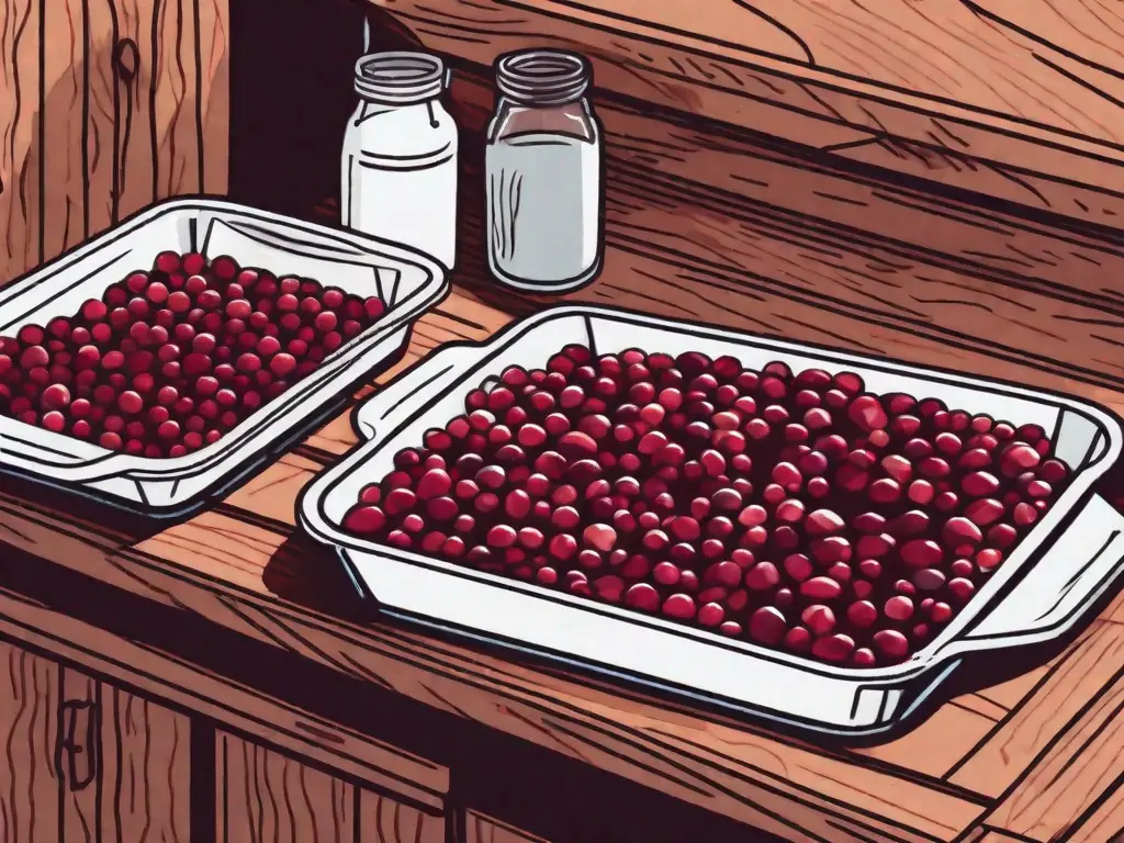 A few cranberries spread out on a baking sheet