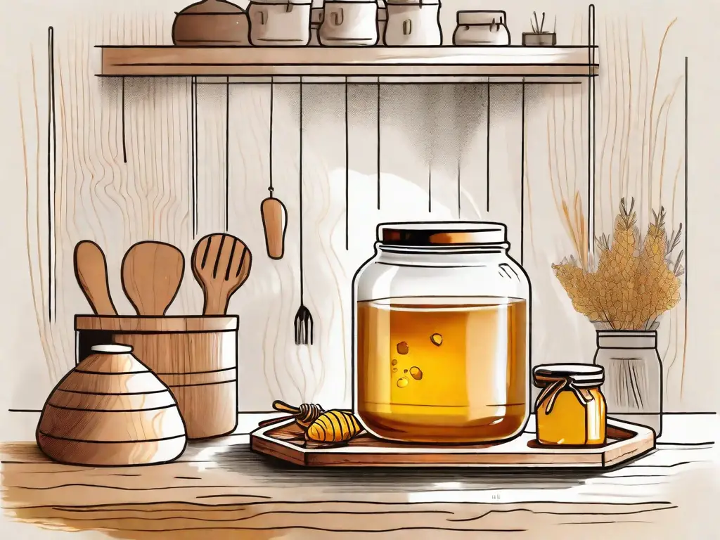 A kitchen setting with a jar of honey