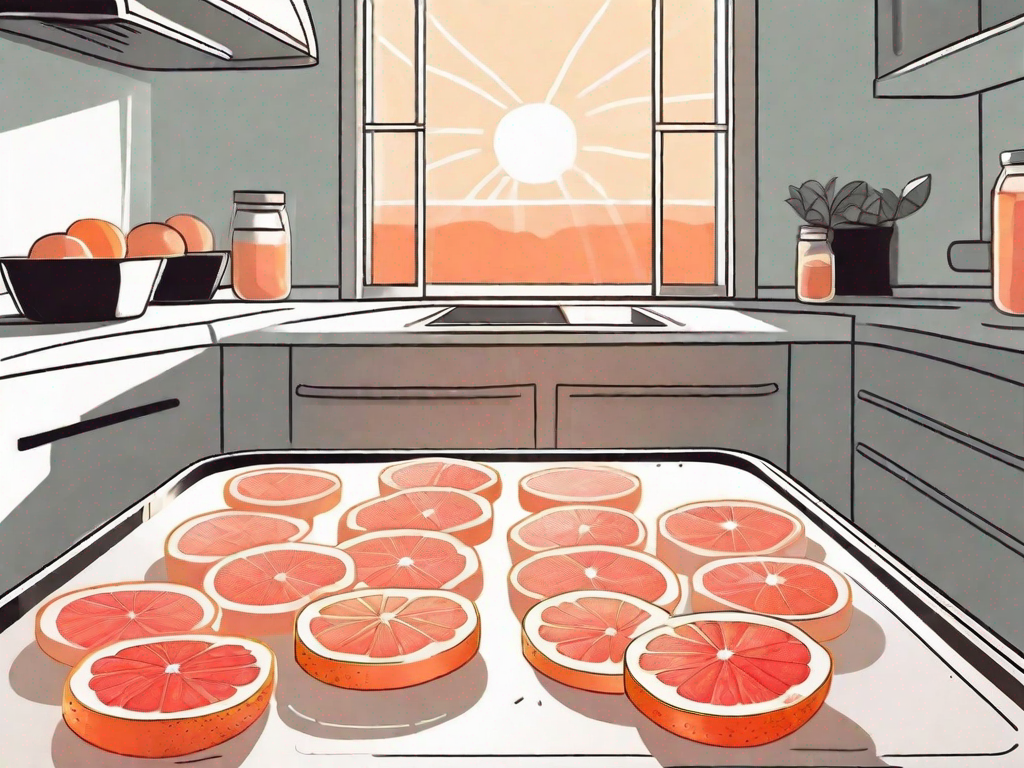 A sliced grapefruit spread out on a baking sheet