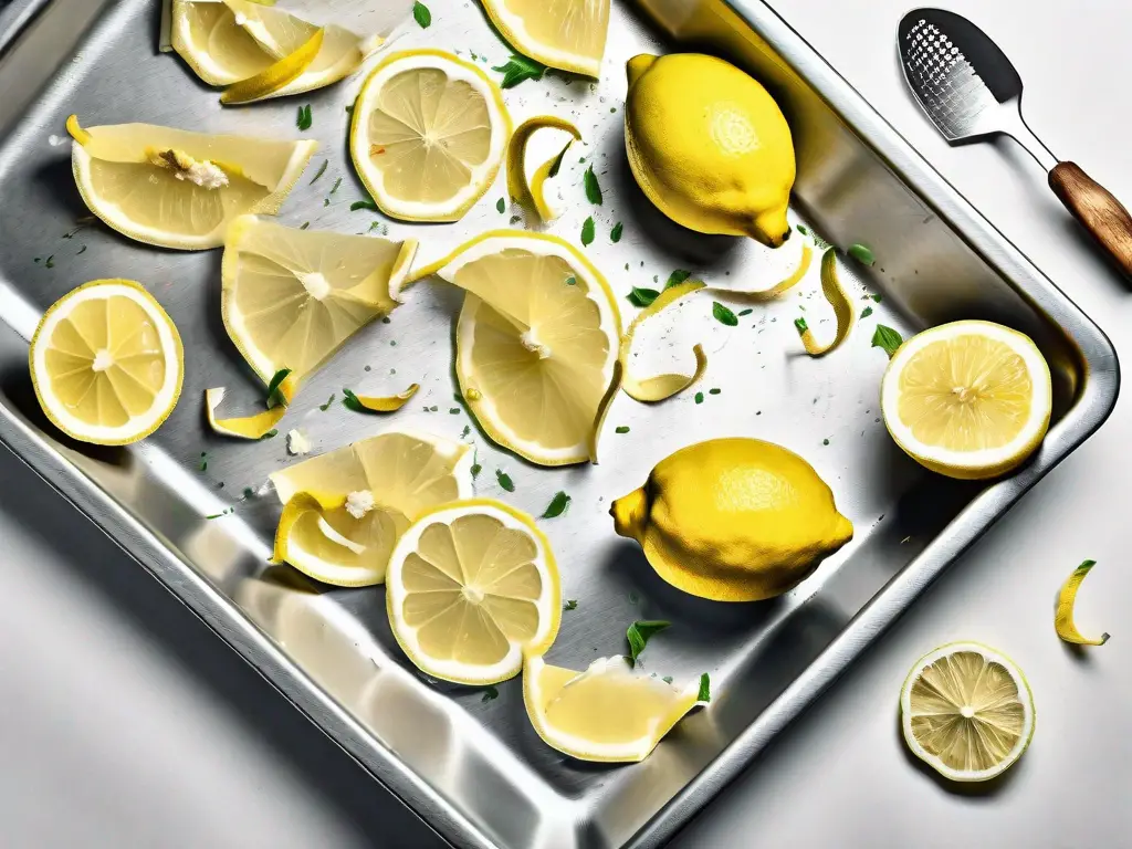 Lemon peels spread out on a baking tray
