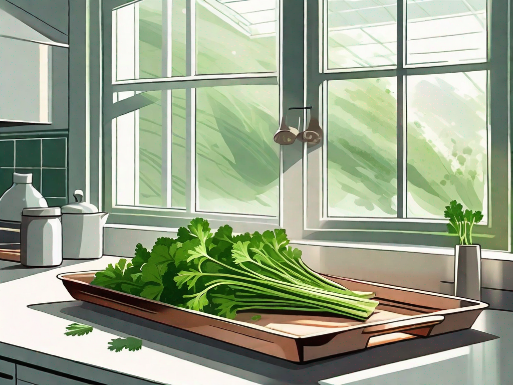 Fresh parsley spread out on a tray in a sunlit kitchen