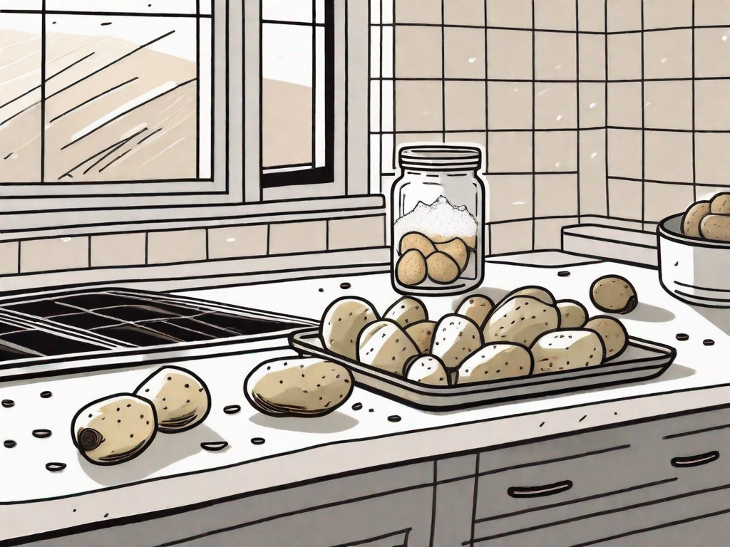 A kitchen counter with a batch of freshly cut potato slices spread out on a baking sheet