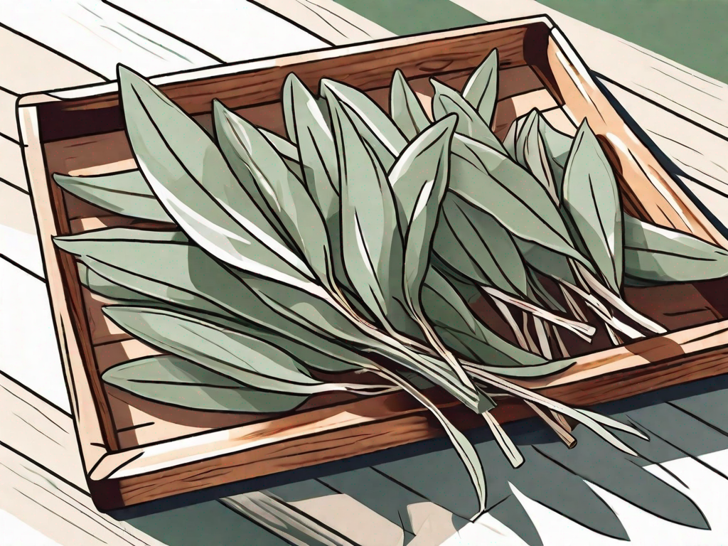 A bunch of fresh sage leaves spread out on a wooden tray