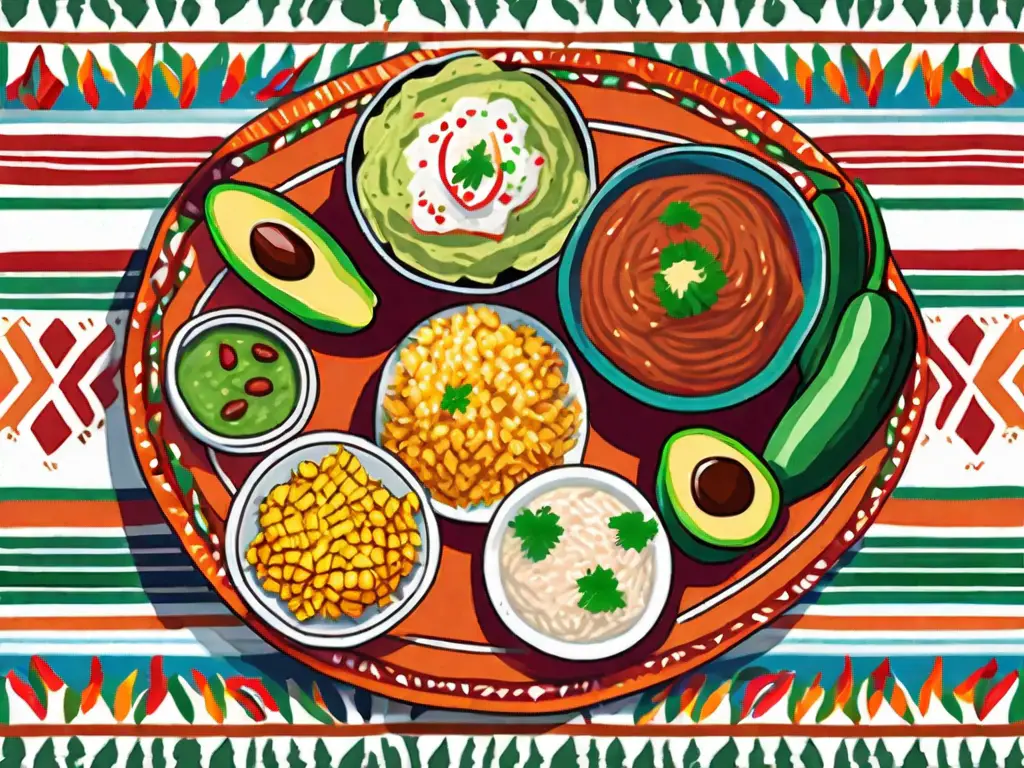 A variety of colorful mexican side dishes including guacamole