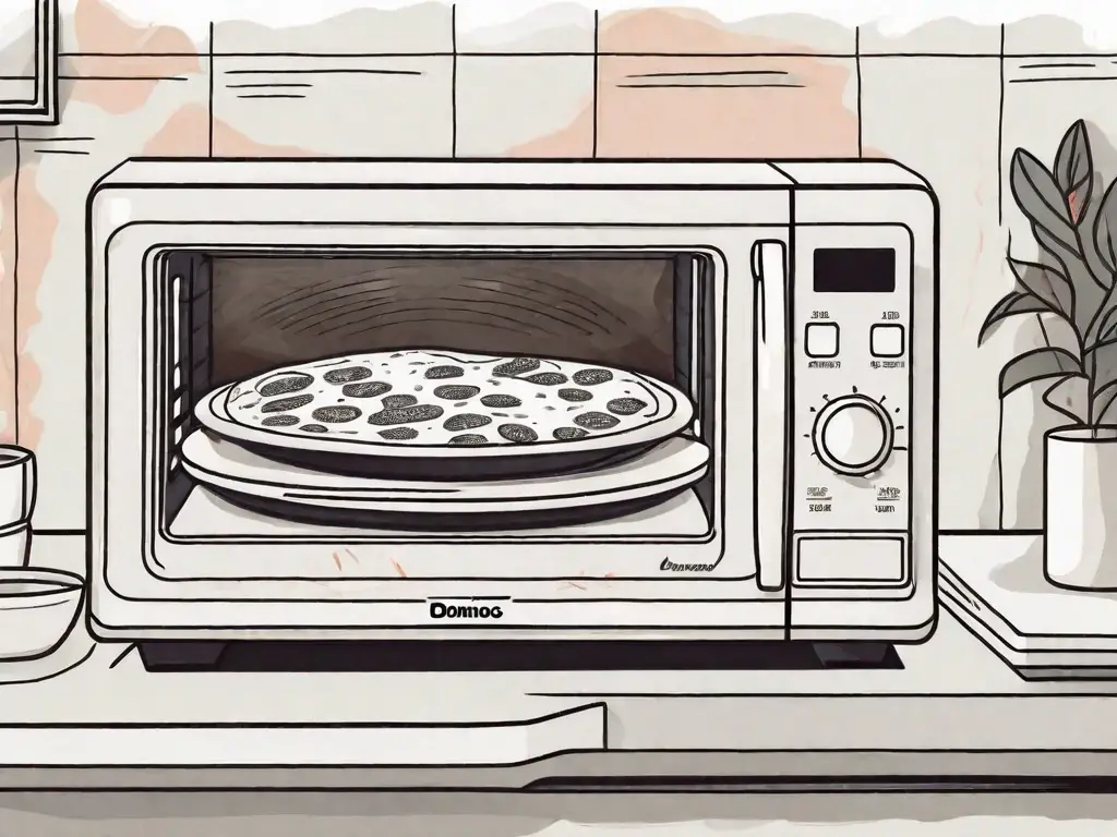 A dominos pizza slice on a microwave-safe plate inside an open microwave