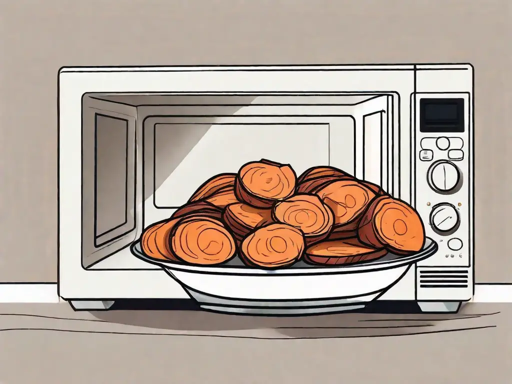 A sweet potato cut into slices on a microwave-safe dish