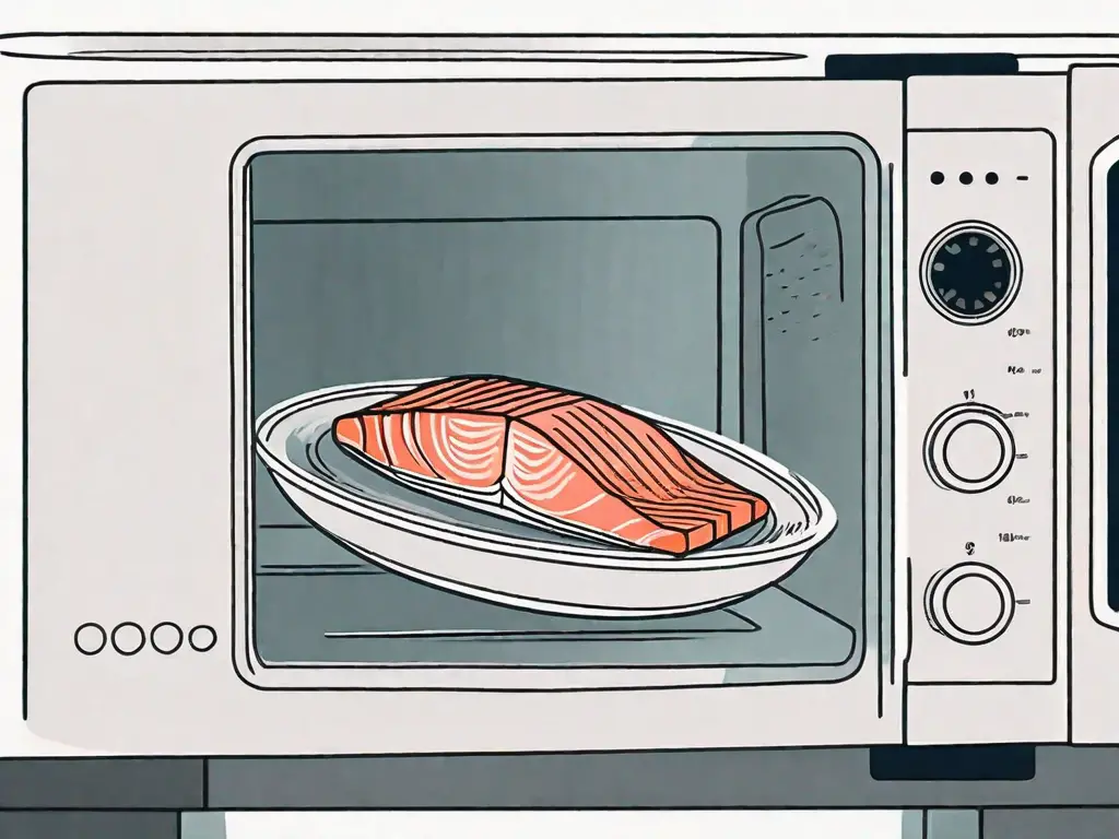 A salmon fillet in a microwave-safe dish being placed inside a microwave