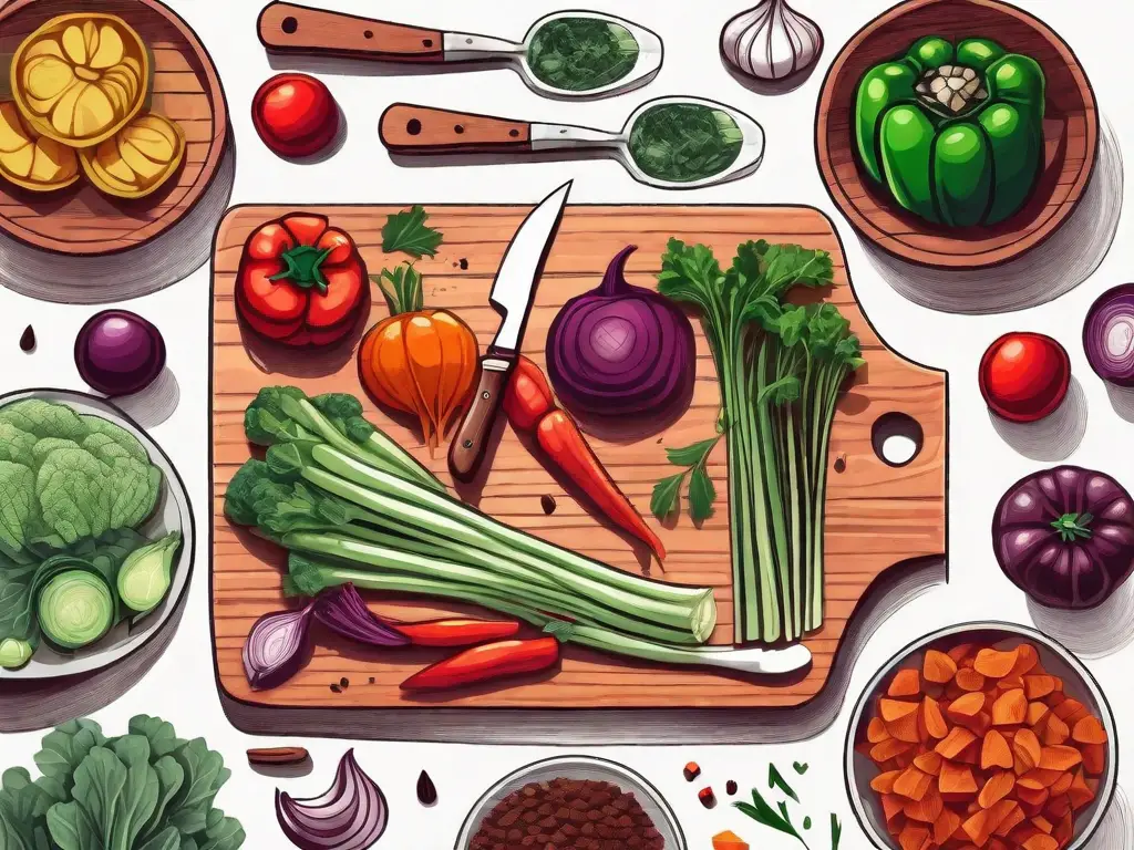 A variety of colorful vegetables on a chopping board with a knife