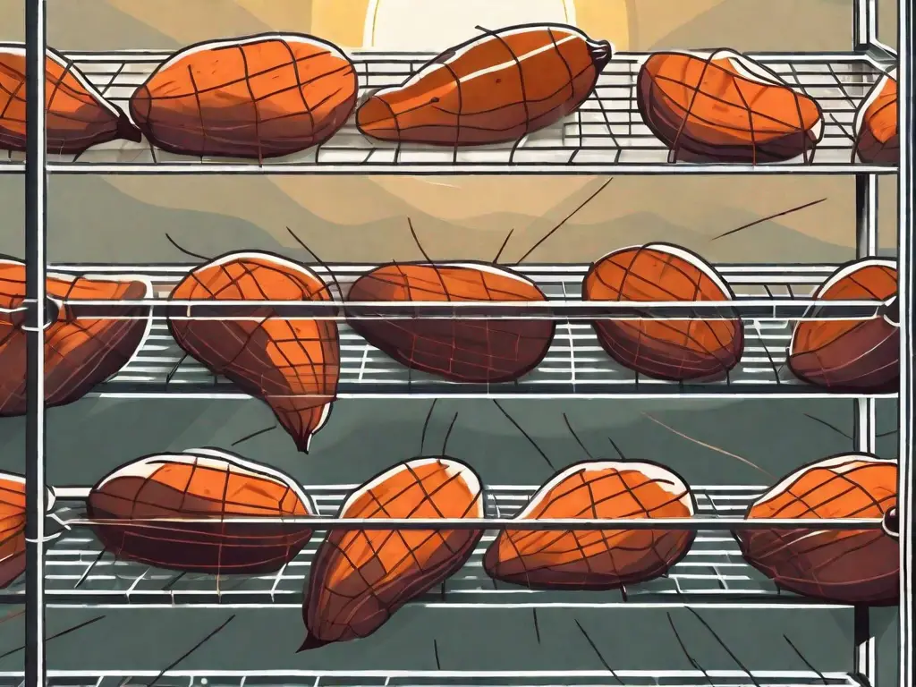 A few sweet potatoes spread out on a wire rack
