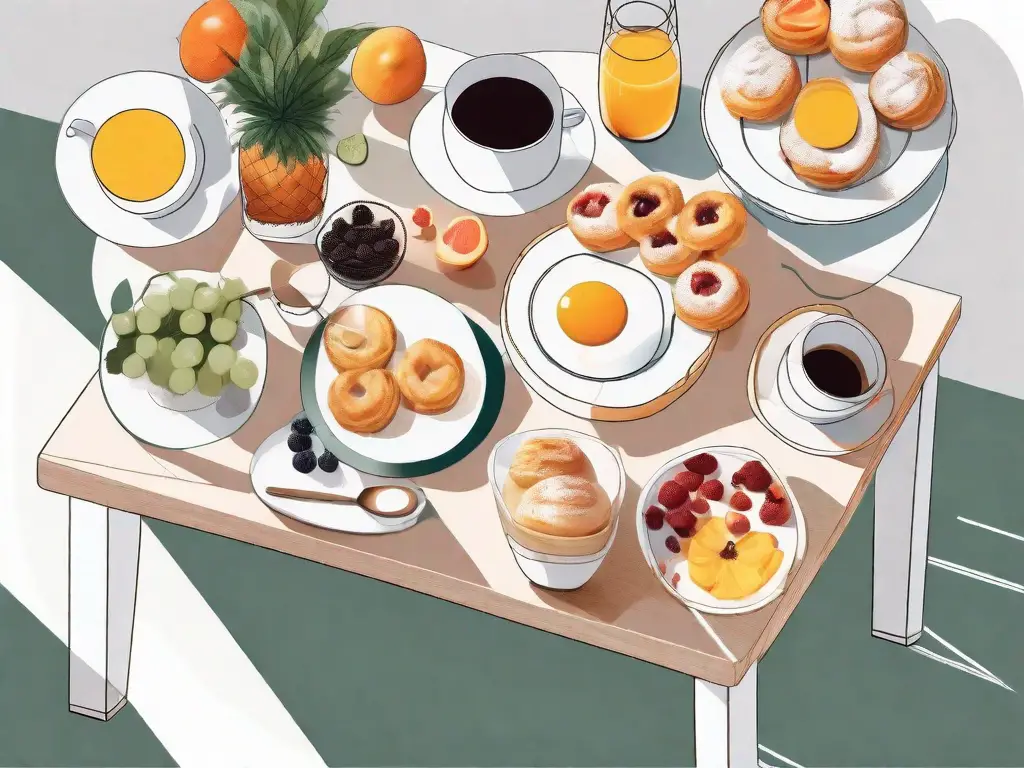 A bright and cheerful ikea-style kitchen with a spread of various breakfast items like pastries