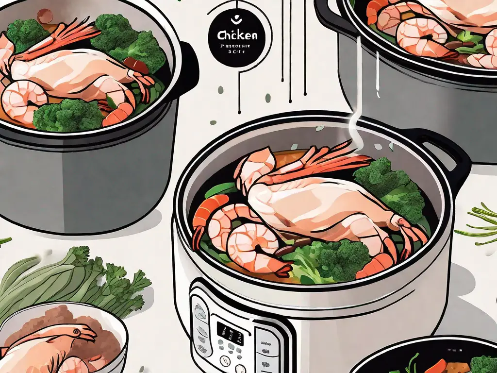 An instant pot filled with ingredients for a chicken and shrimp recipe