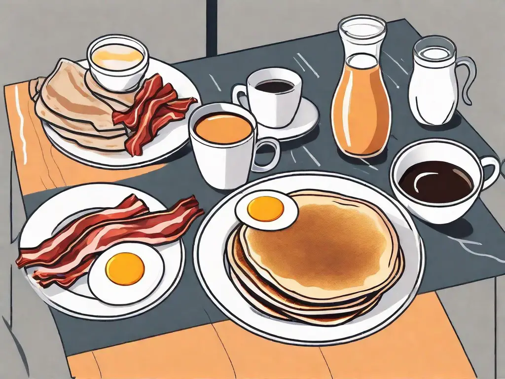 A breakfast table set with various popular breakfast items such as pancakes