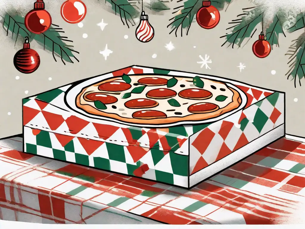 A festive little caesars pizza box surrounded by holiday decorations like christmas lights