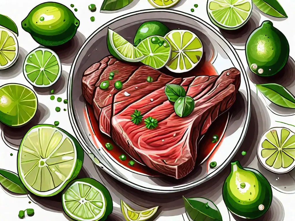 A juicy steak marinating in a dish filled with lime juice