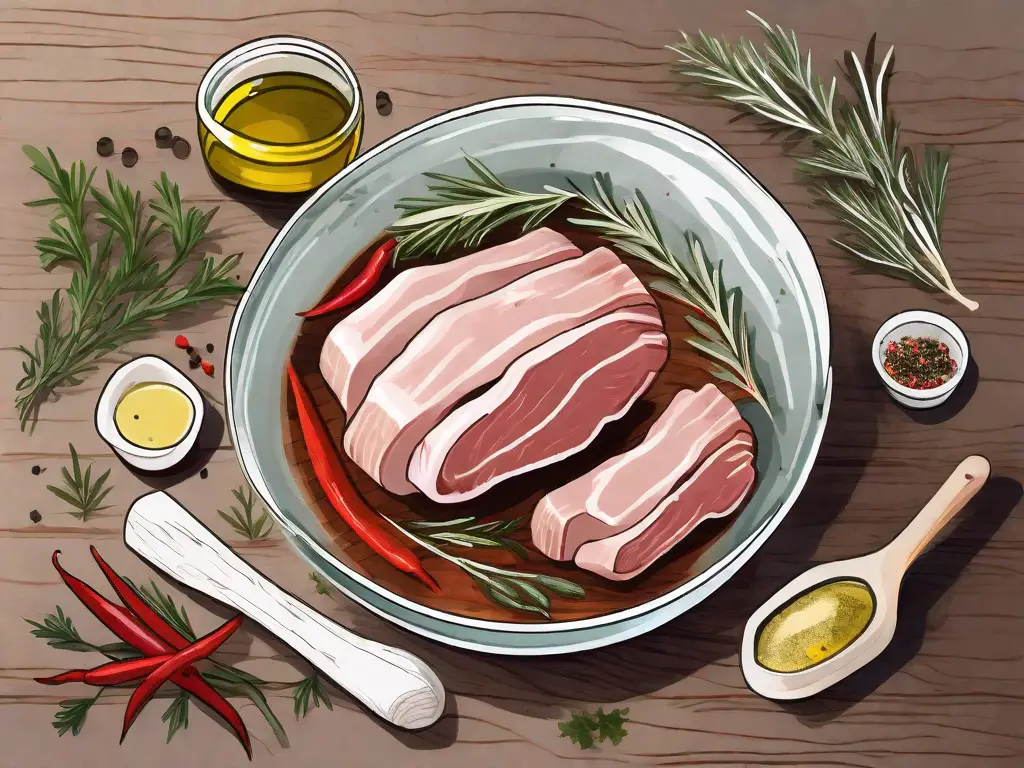 A raw piece of pork sitting in a glass bowl filled with various colorful herbs and spices