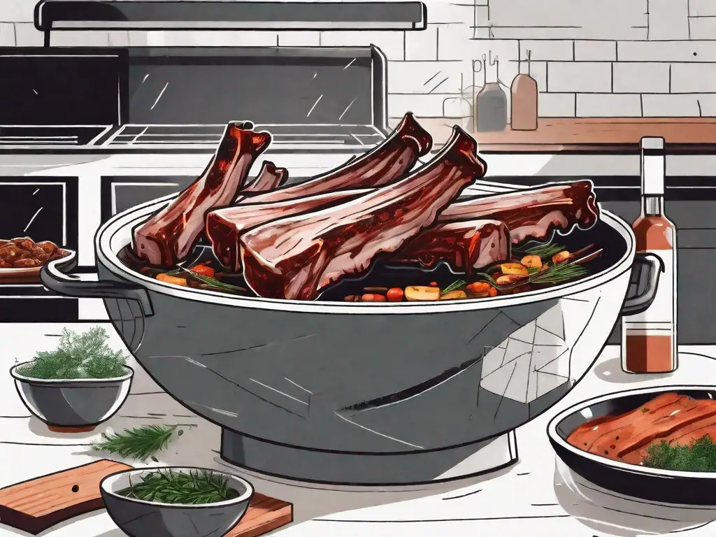 A set of pork ribs being marinated with various herbs and spices in a large bowl