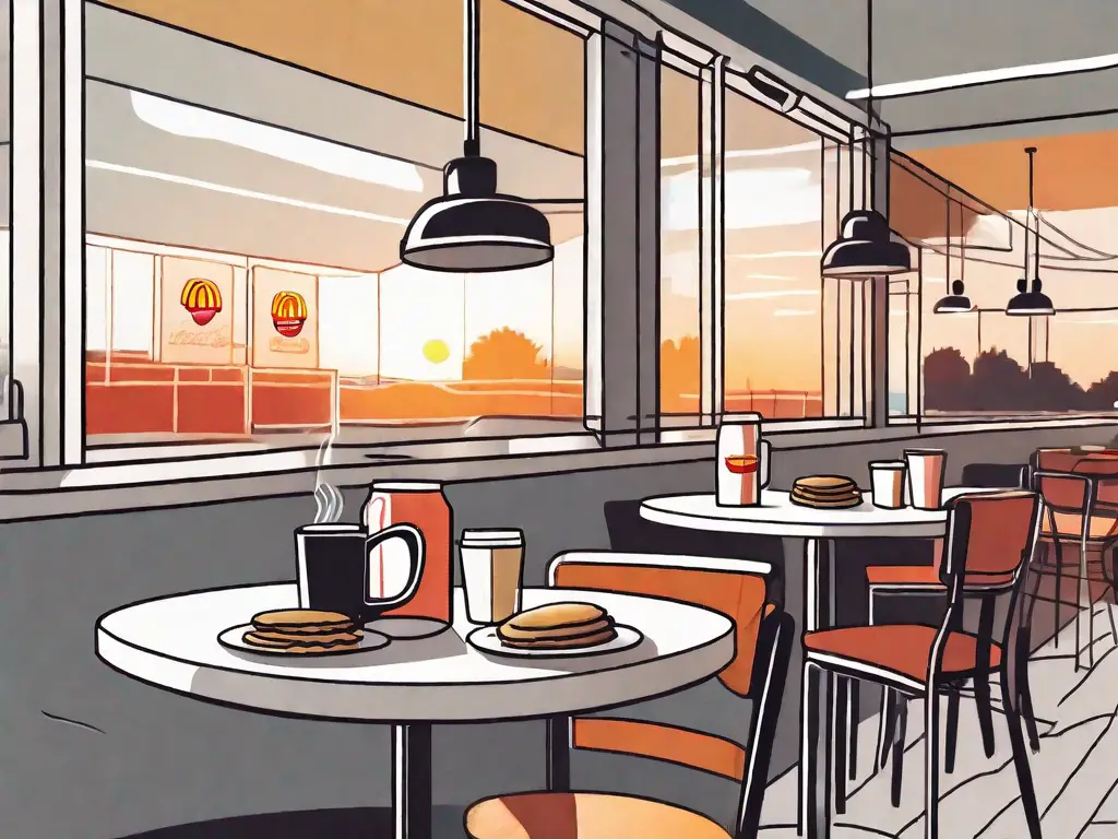 A mcdonald's restaurant at sunrise with a selection of breakfast items like pancakes
