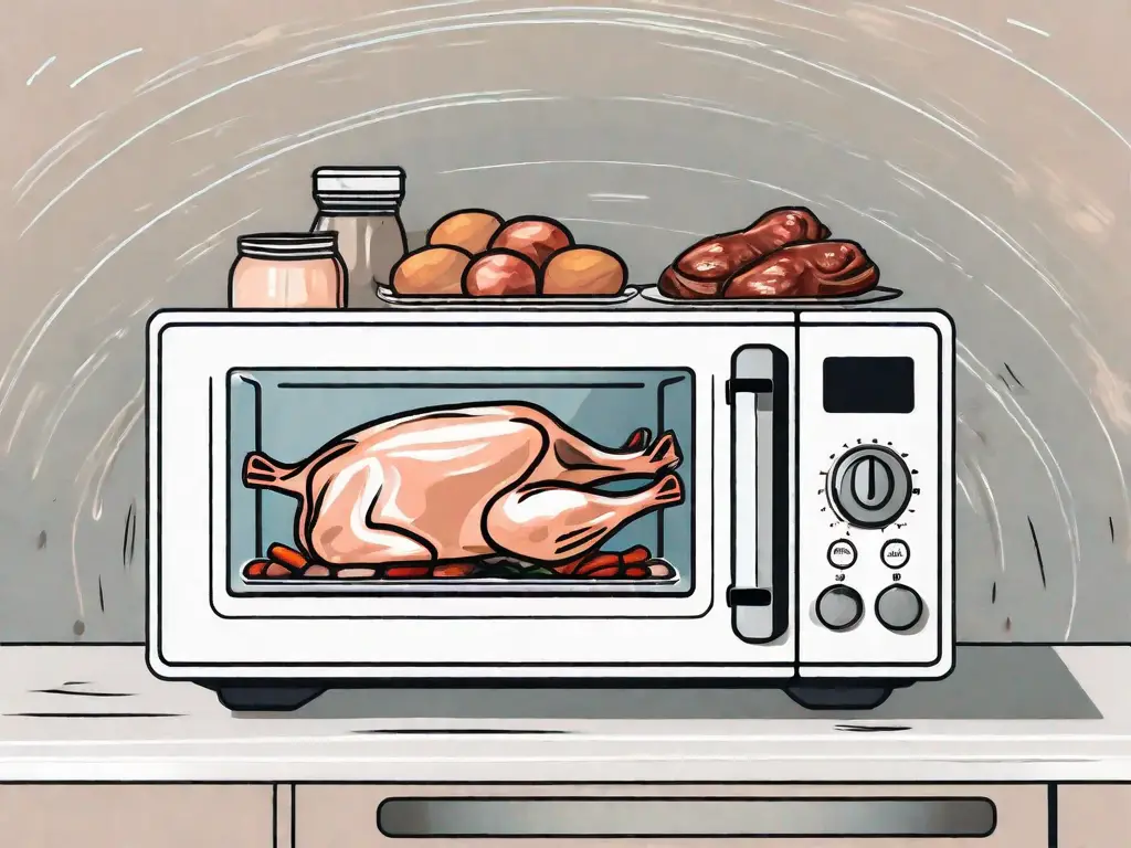 A microwave oven with a plate of assorted meat poultry products inside
