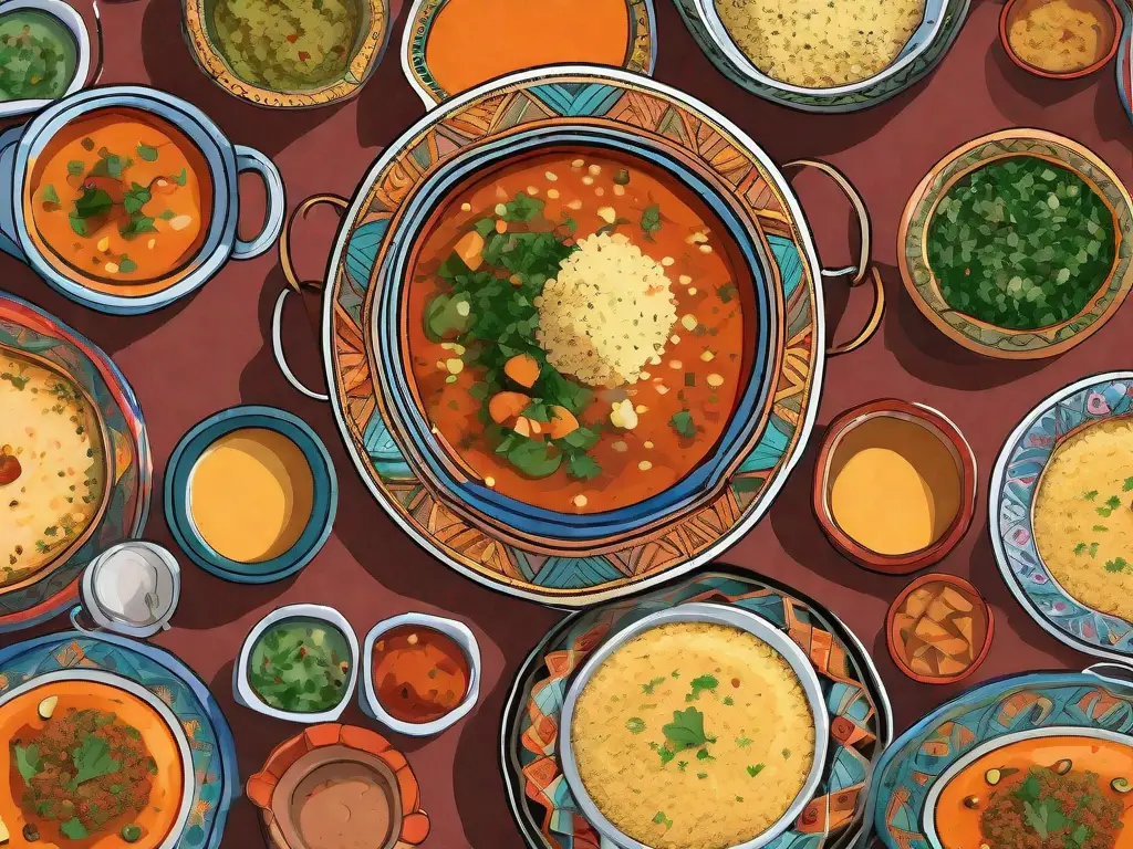 A traditional moroccan table setting filled with various side dishes such as couscous