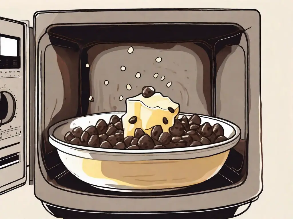 A microwave with a bowl inside containing melting chocolate chips and a pat of butter