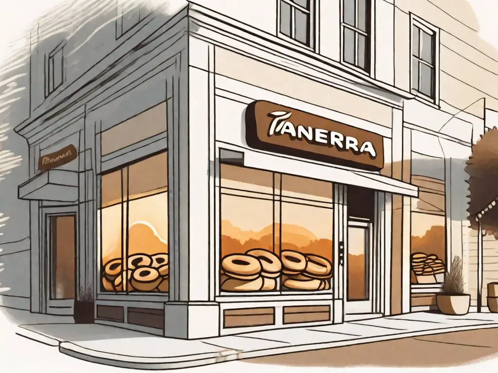 A panera bread storefront with the morning sun rising behind it