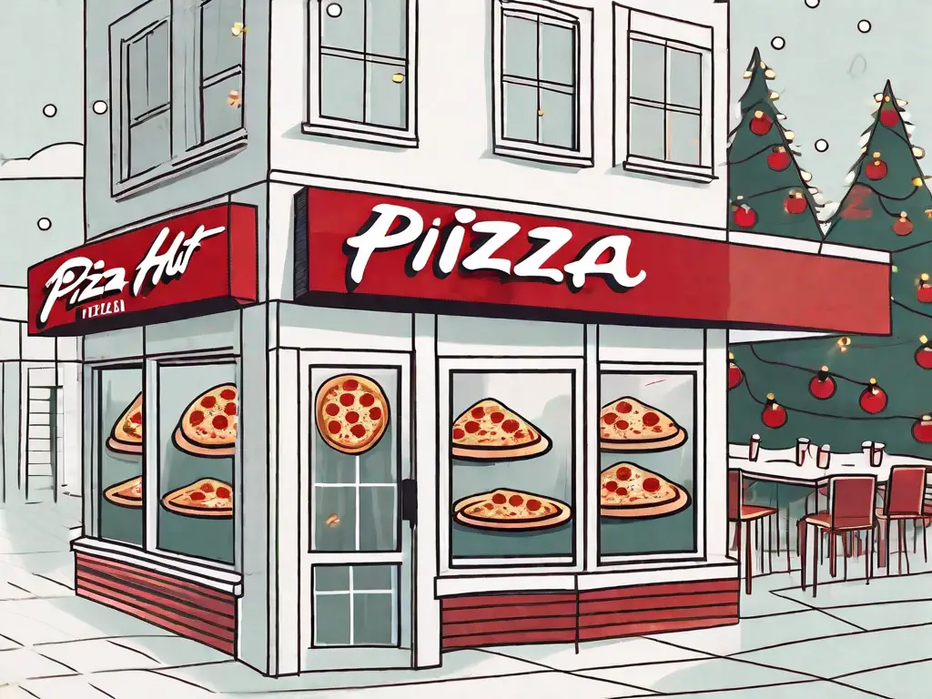 A festive pizza hut restaurant with holiday decorations and a window showcasing a variety of pizzas and side dishes typically available during the holiday season