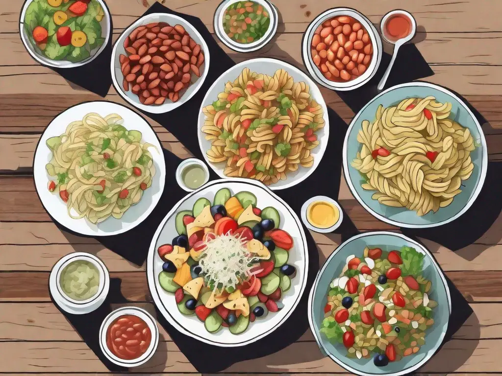 A variety of colorful potluck side dishes such as pasta salad