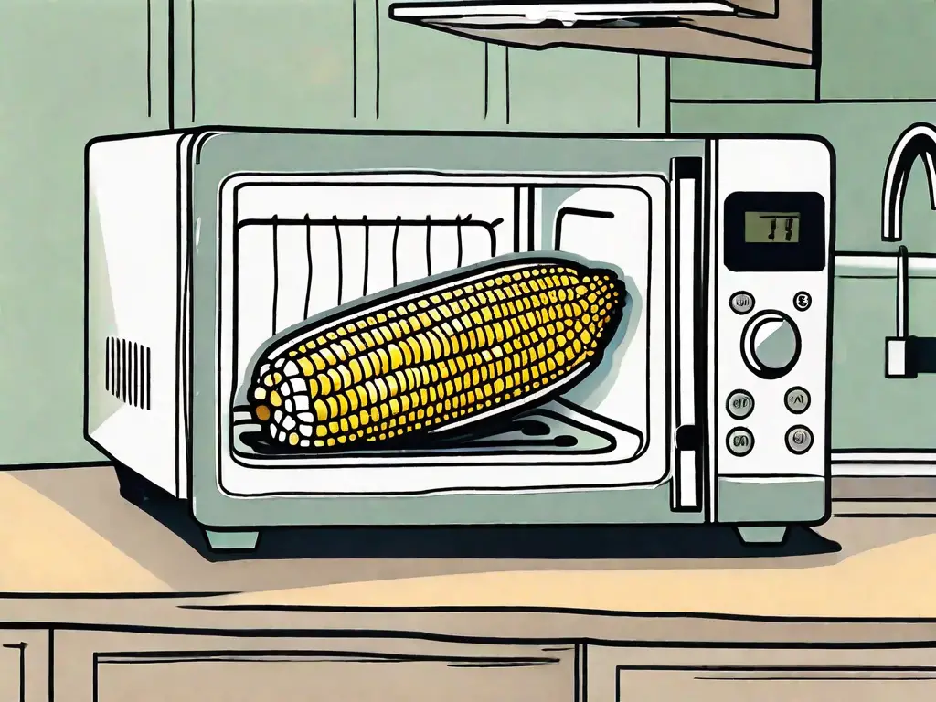 A corn on the cob placed inside an open microwave