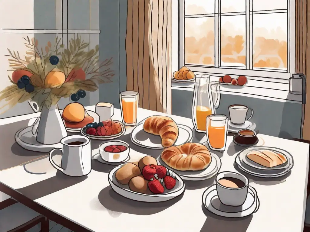 A well-laid breakfast spread with various food items like pastries