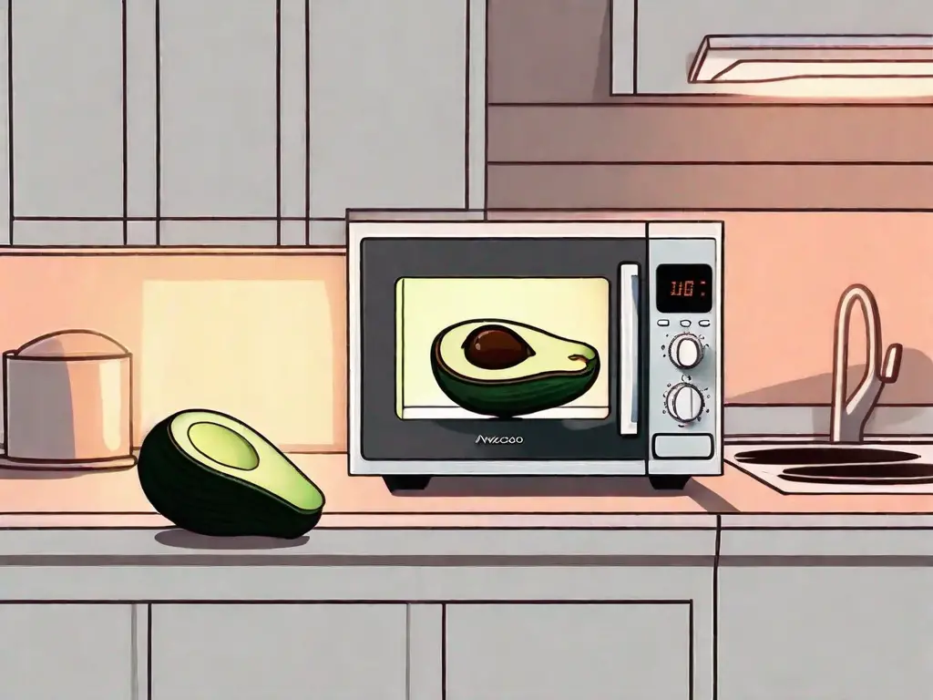 A ripe avocado cut in half next to a microwave