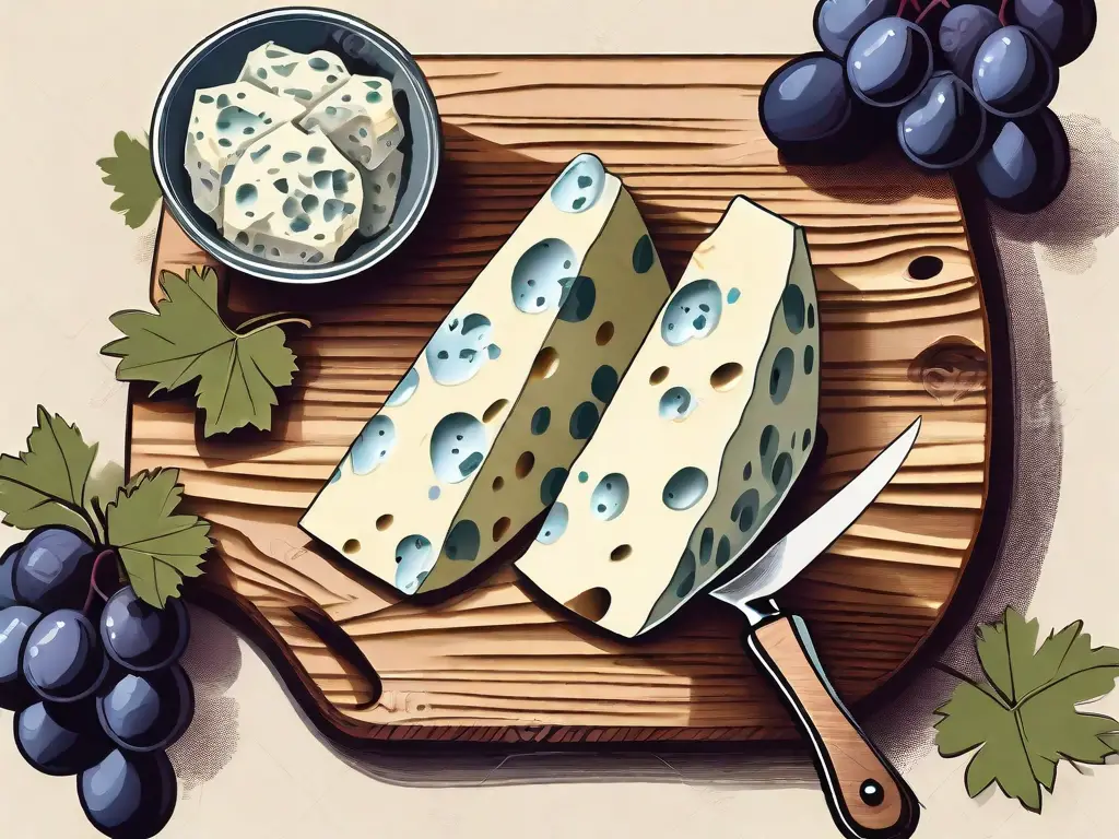 A wedge of roquefort cheese on a rustic wooden board