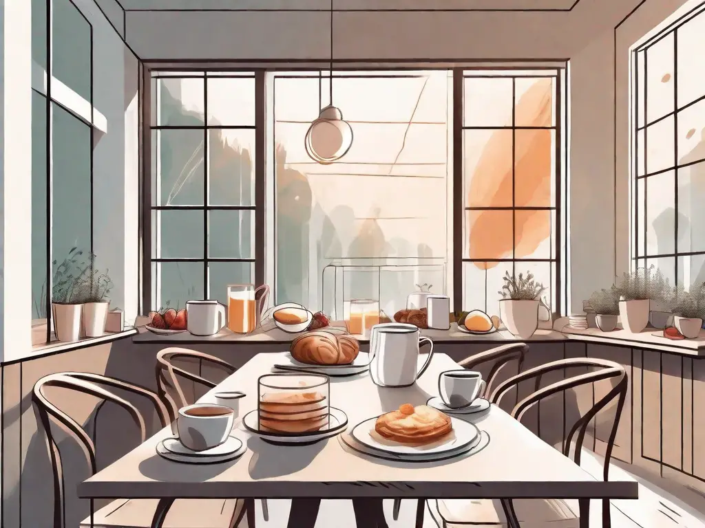 A cozy cafe setting with a breakfast spread on the table featuring various dishes