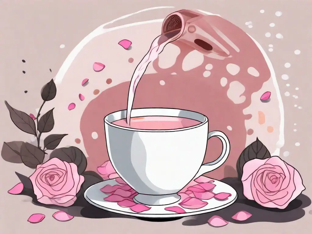 A teacup filled with pink milk tea