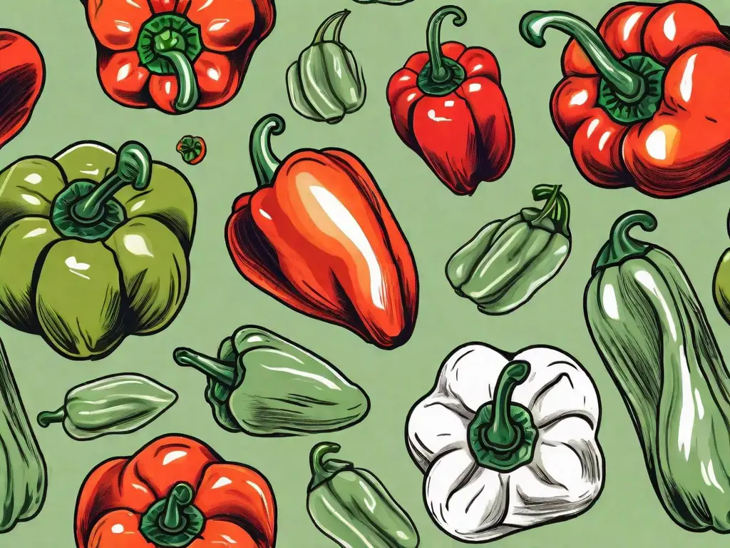 A scotch bonnet pepper alongside a variety of other peppers that could be used as substitutes