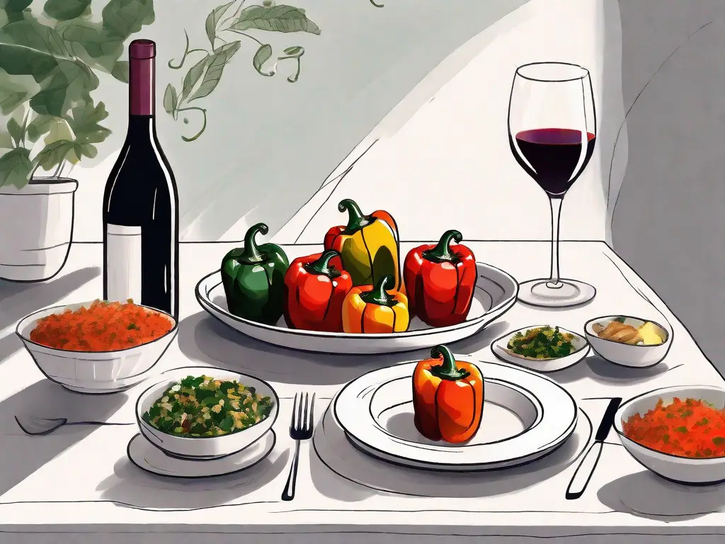 A table setting with a plate of colorful stuffed peppers