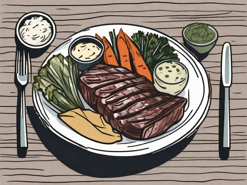 A succulent skirt steak surrounded by various side dishes like roasted vegetables