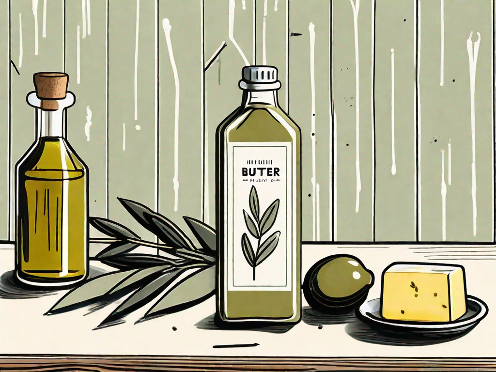A butter stick and an olive oil bottle on a kitchen counter