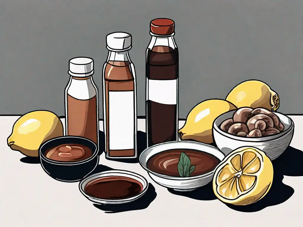 Several bottles of different sauces like soy sauce