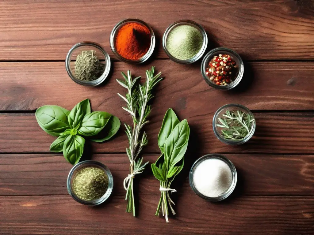 Various herbs and spices like basil