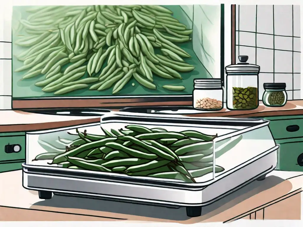 Green beans spread out on a dehydrator tray