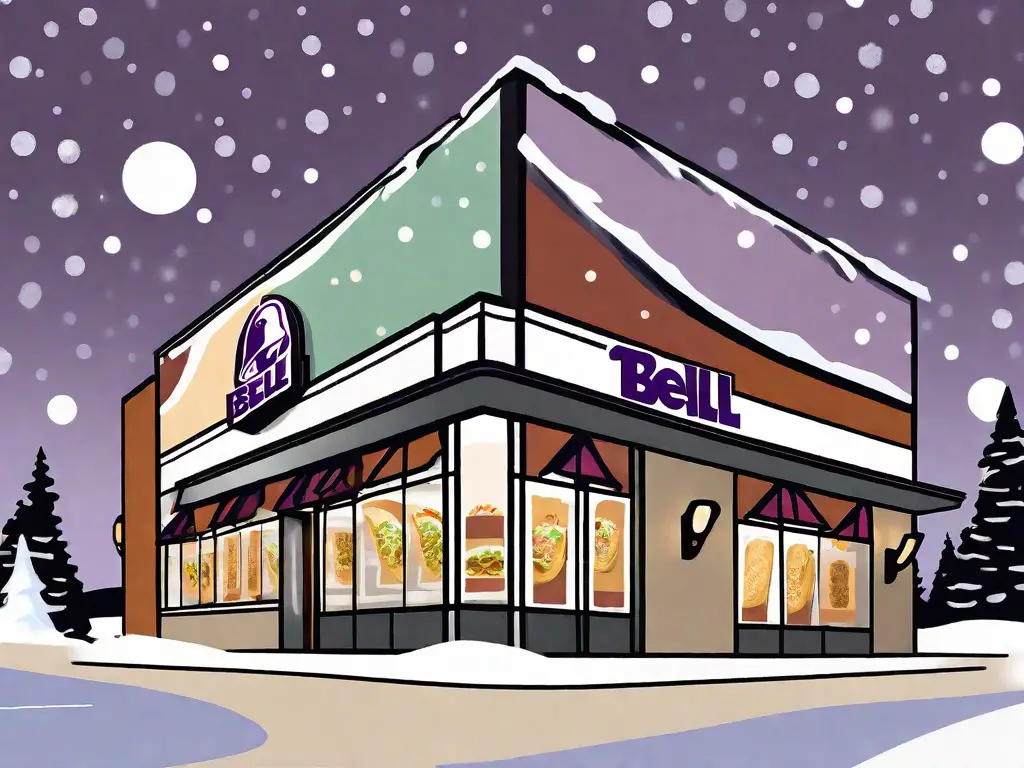 A festive taco bell restaurant exterior with snow on the roof