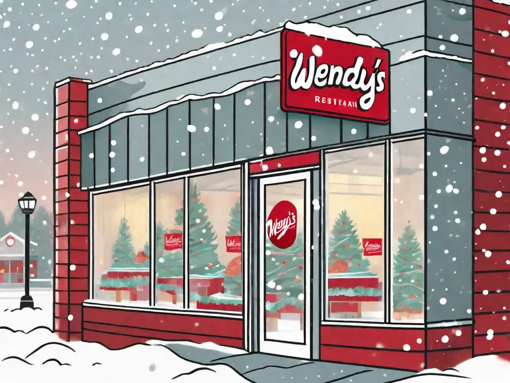 A festive wendy's restaurant exterior with snow falling