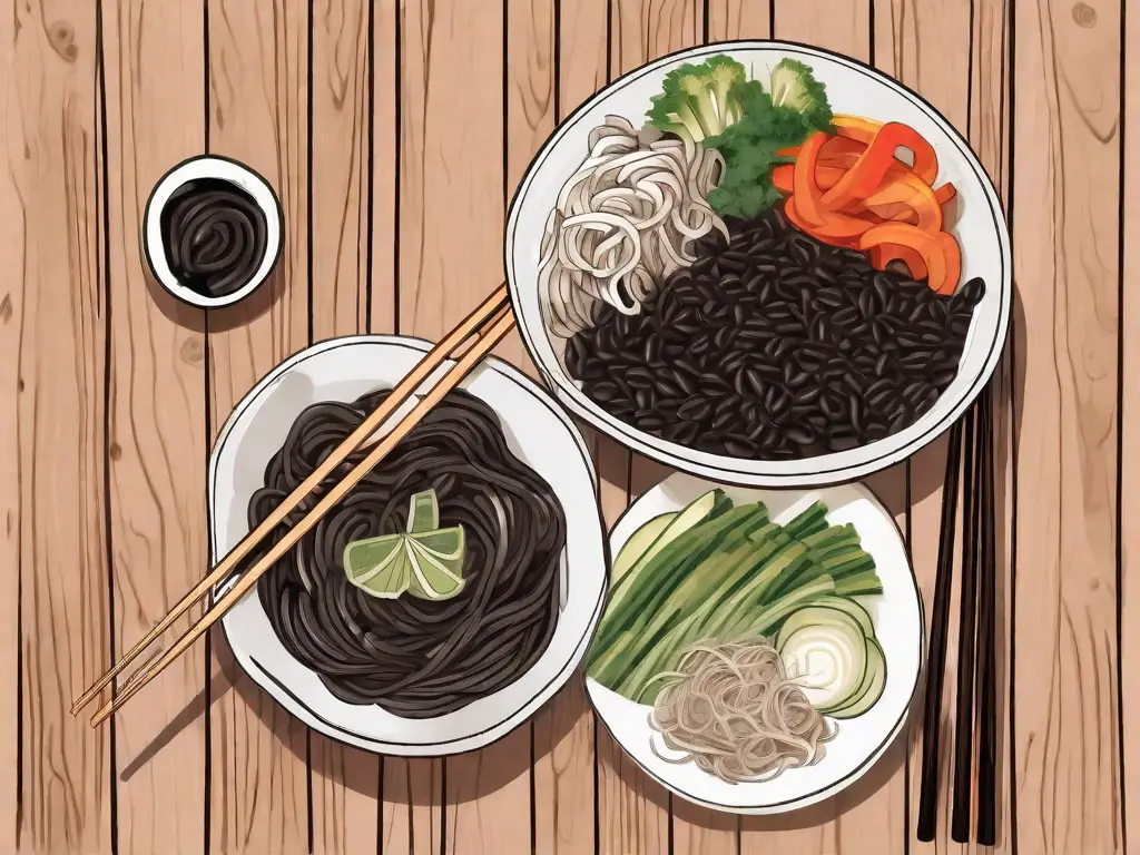 A bowl of black bean noodles garnished with vegetables on a rustic wooden table