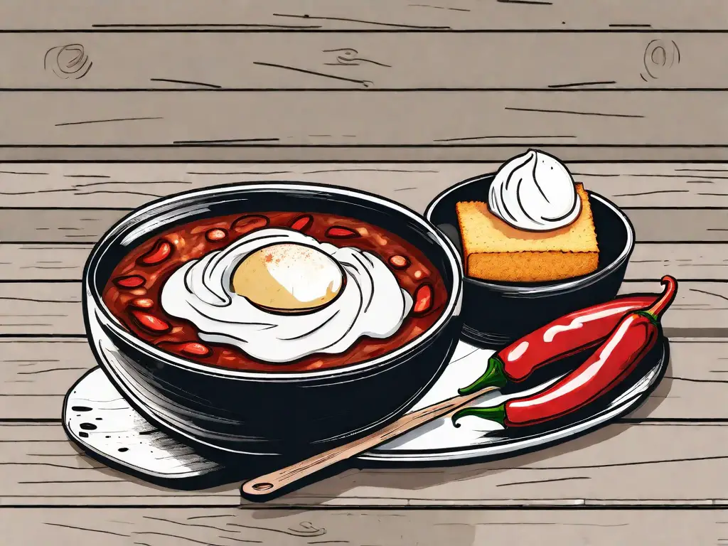 A warm bowl of chili paired with a slice of cornbread and a scoop of vanilla ice cream on a rustic wooden table
