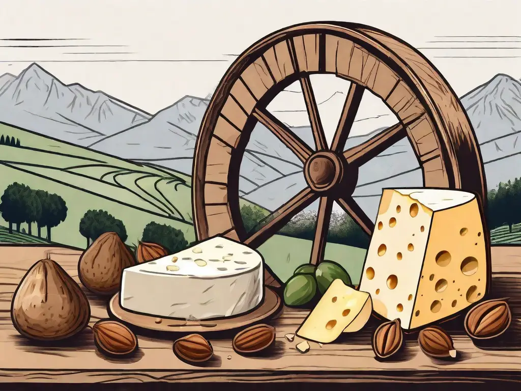 A wheel of tomme de savoie cheese surrounded by elements indicative of its flavor profile such as nuts