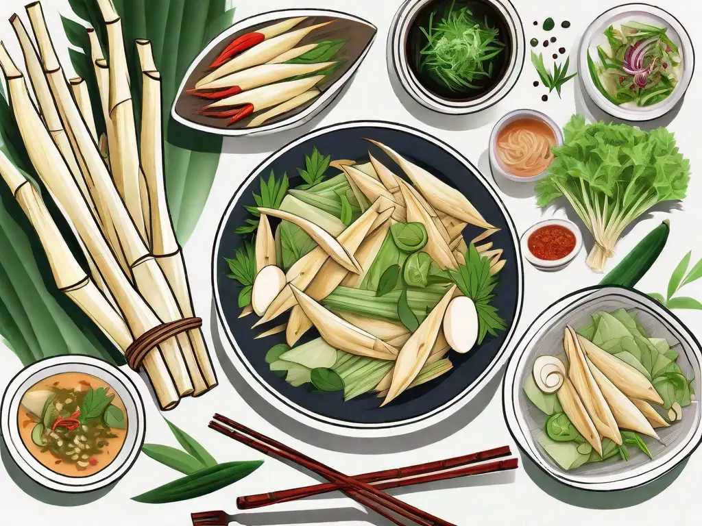 Fresh bamboo shoots surrounded by various dishes and ingredients that they are commonly used in