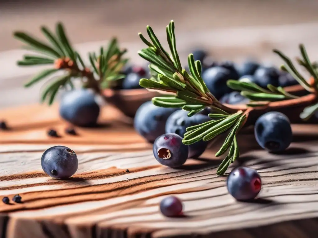 A handful of juniper berries on a rustic wooden table