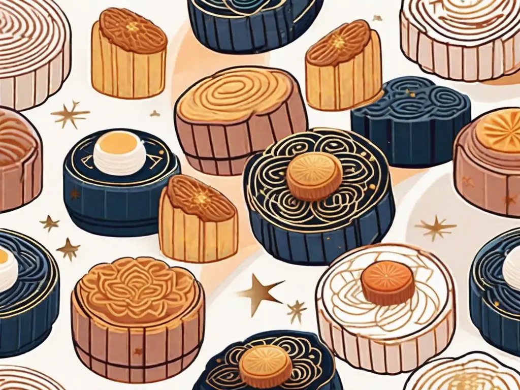 A variety of mooncakes with different fillings visible