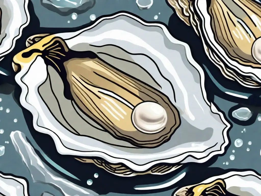 A close-up of an open oyster on a bed of ice with a lemon wedge and a pearl inside
